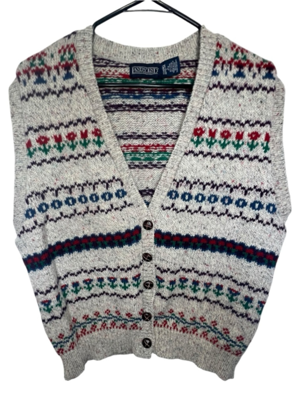 Vintage Lands' End Fair Isle Wool Blend Button Up Cardigan Sweater Vest